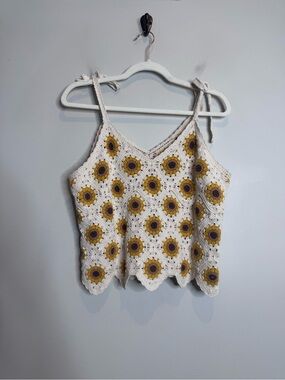 Y2K Granny Square Crochet Sunflower Tank Boho Tie Top Medium Cotton Festival